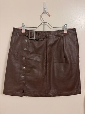 Brown Faux Leather Button-Front Mini Skirt with Belt